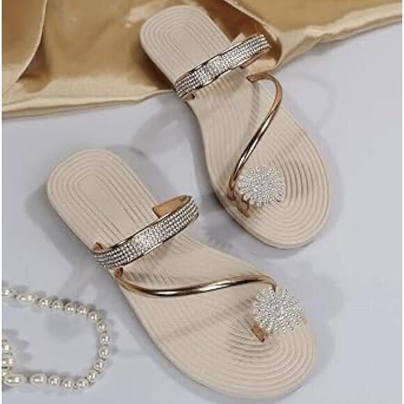 New Rose‎ Goldtone Rhinestone-Embellished Toe-Strap Sandal - Size 42 (US 9) - Picture 1 of 7